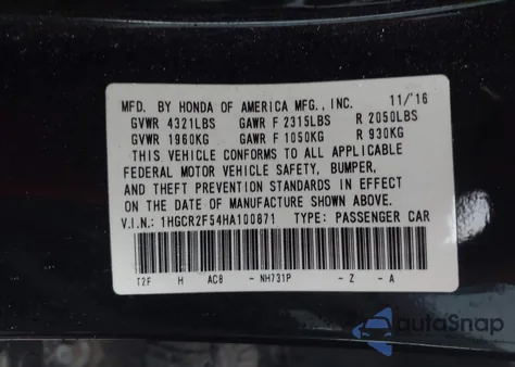 2017 Honda Accord Sport z USA, uszkodzony, nr VIN 1HGCR2F54HA100871